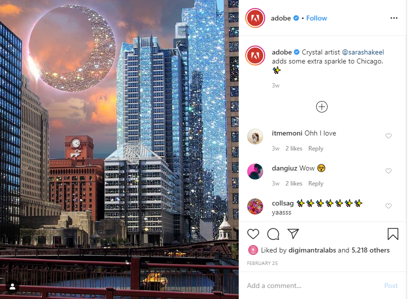 Instagram-Post von Adobe mit nutzergenerierten Inhalten, die eine Stadtlandschaft mit glitzernden Wolkenkratzern und einem funkelnden, grossen Mond am Horizont zeigen